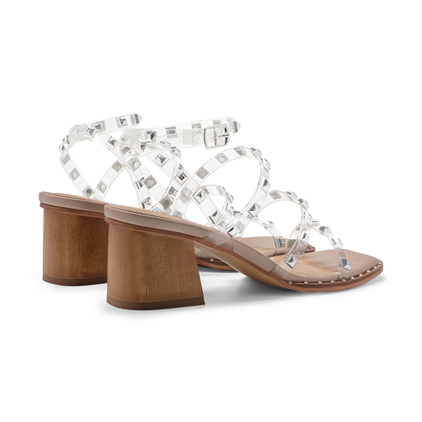 Clear Rhinestone Strappy Chunky Heels - CLEAR RIVET - 4